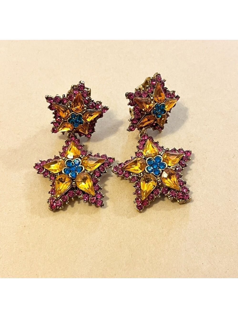 Thelma Deutsch vintage costume jewelry double star dangle clip-on earrings - Picture 1 of 5